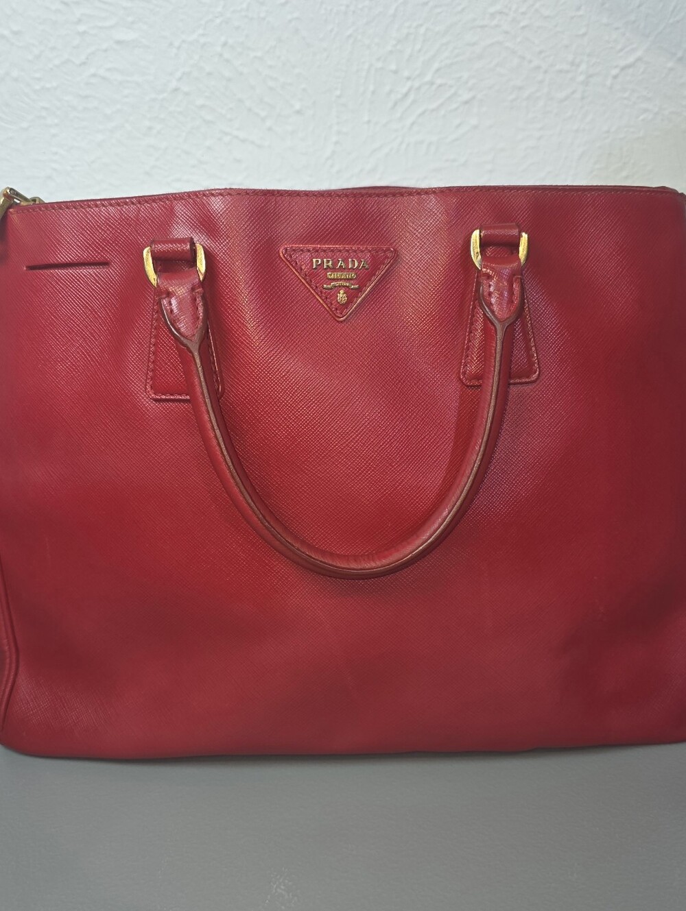 Prada Red Saffiano Leather Tote with Gold Hardware